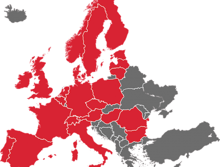 eine Karte von Europa mit roten Flächen